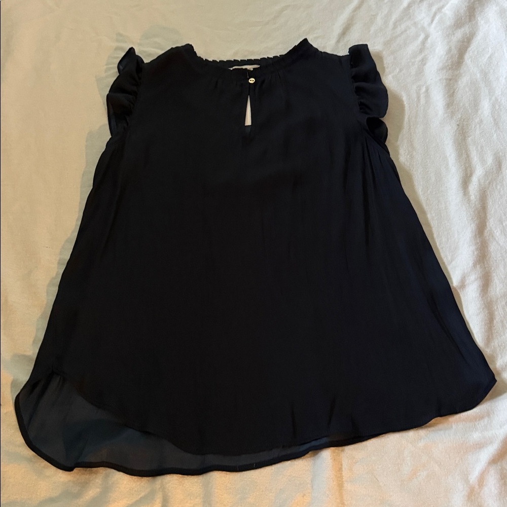 LOFT Navy Blouse with Ruffle Detail